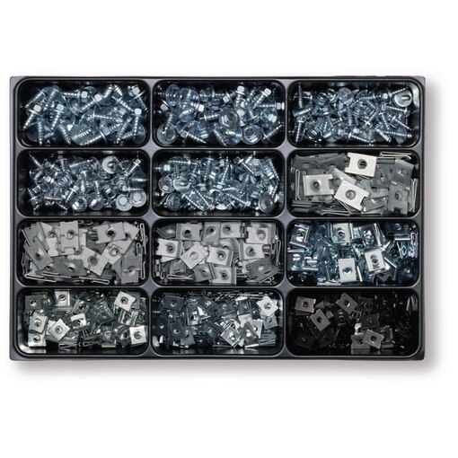 Assortiment BS 3094 clips universels, vis tôle et écrous en coffret